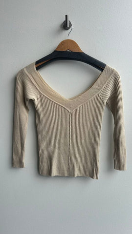 Pre-Owned Spicy Sugar Beige Ribbed Deep V-Neck Long Sleeve Top- Size Small