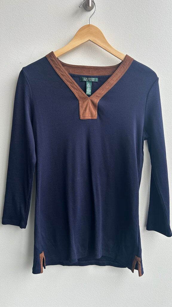 Pre-Owned Ralph Lauren Navy Ribbed Long Sleeve Brown Lined V-Neck- Size Medium