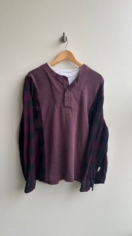 Pre-Owned Upcycled Denver Hayes/Tilley Purple Plaid Sleeve Sweashirt- Size Large