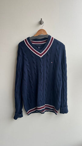 Pre-Owned Tommy Hilfiger Blue Cable Knit V-Neck Cuffed Sleeve Sweater- Size X-Large