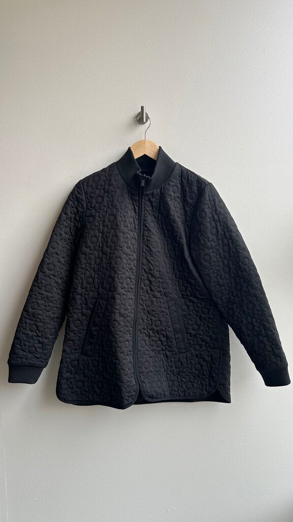 Pre-Owned Ilse Jacobsen Black Floral Quilted Zip Up Jacket- Size 36