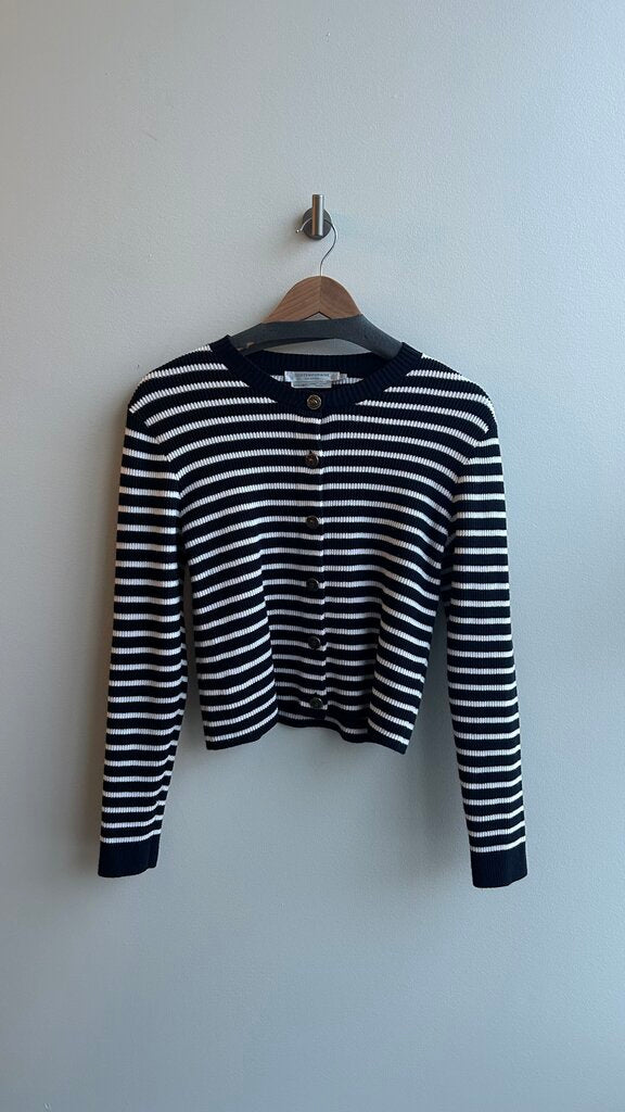 Pre-Owned Contemporaine Blue/White Striped Rib Knit Button Up Cardigan- Size X-Small