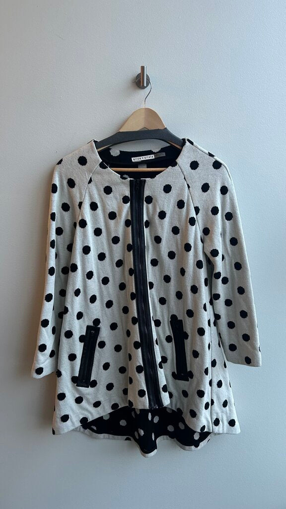 Pre-Owned Alice + Olivia White with Black Polka Dots Wool Knit Leather Trim Zip Jacket- Size Small