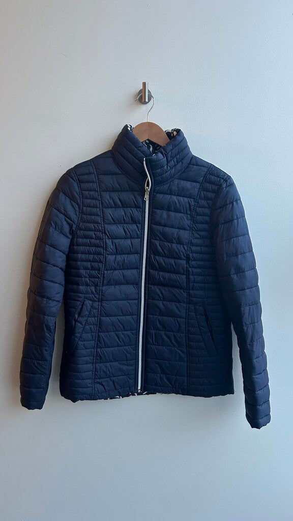 Pre-Owned Liz Claiborne Navy Quilted Reversilbe Navy/White Print Jacket- Size Medium