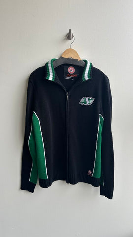 Pre-Owned Saskatchewan Rough Riders Black Knit with Logo Fold Over Neck Sweater- Size Medium