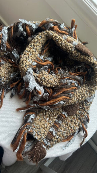 Pre-Owned Brown Multi Coloured Knit Tassels Unique Scarf