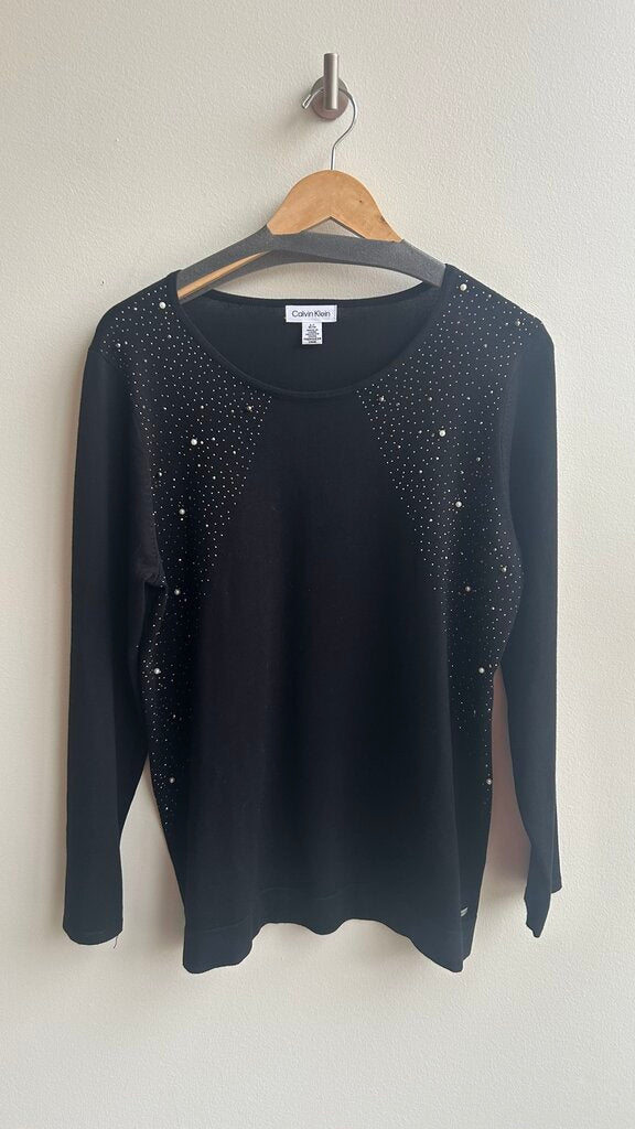 Pre-Owned Calvin Klein Black Pearl Rhinestone Design Sweater- Size Large