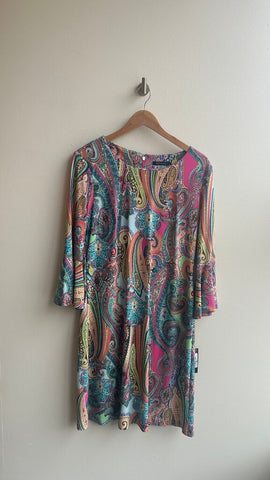 Pre-Owned Tommy Hilfiger Pink Multi Coloured Paisley Bell Sleeve Sheath Dress (NWT)- Size 12