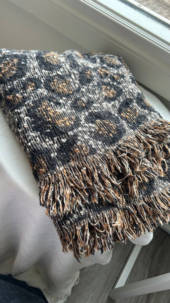 Pre-Owned Brown Leopard Print Fringe Trim Infinity Scarf