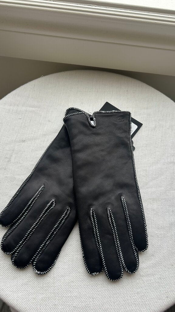 Pre-Owned Echo New York Black Leather White Stitch Gloves (NWT) - Size Large