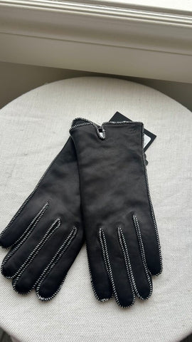 Pre-Owned Echo New York Black Leather White Stitch Gloves (NWT) - Size Large