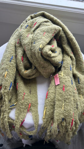 Pre-Owned Powder Green Colourful Stitch Fringe Trim Oversized Scarf (NWT)