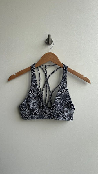 Pre-Owned Lululemon Black Grey Floral Print Strappy Back Sports Bra- Size 12