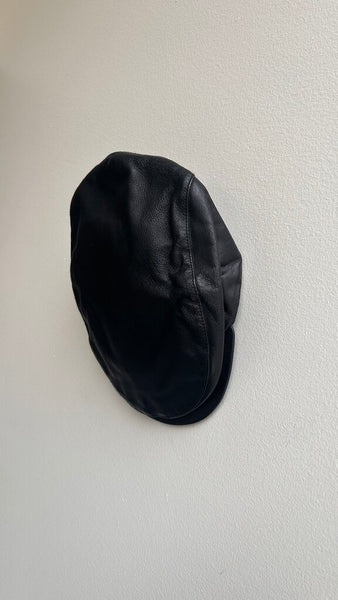 Pre-Owned Crown Cap Black Genuine Leather Newsboy Cap- Size Large