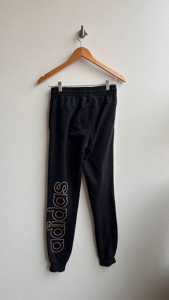 Pre-Owned Adidas Black with Gold Logo Drawstring Ankle Biter Sweats- Size X-Small