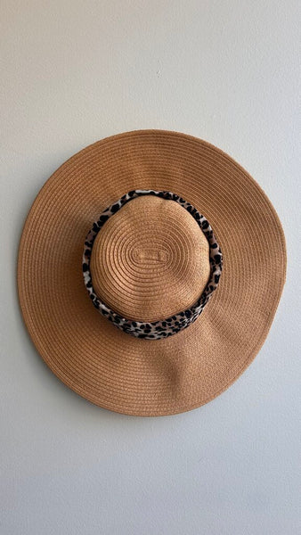 Pre-Owned Vince Camuto Dark Straw Leopard Scarf Woven Floppy Sun Hat