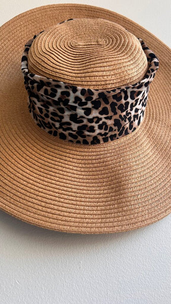 Pre-Owned Vince Camuto Dark Straw Leopard Scarf Woven Floppy Sun Hat