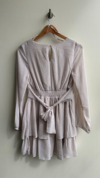 Pre-Owned Japna Beige Leopard Print Long Sleeve V-Neck Tiered Mini Dress- Size Medium