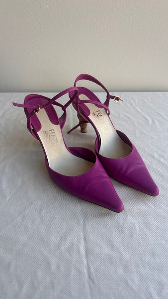 Pre-Owned Salvatore Ferragamo Deep Magenta Pointy Toe Cork Heels - Size 9