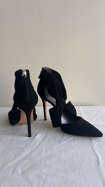 Pre-Owned Reiss Black Felt Zip Back Pointed High Heel Shoe- Size 41