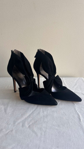 Pre-Owned Reiss Black Felt Zip Back Pointed High Heel Shoe- Size 41