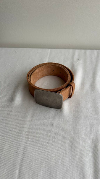 Pre-Owned Mexx Light Brown Leather Large Buckle Belt - Size Medium (Estimated)