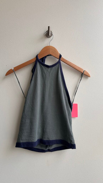 Pre-Owned American Eagle Green with Blue Trim Cropped Halter Tank- Size X-Small