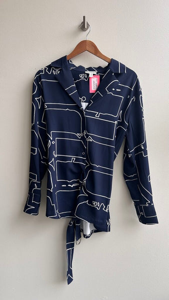 Pre-Owned Grey By Jhoan Sebastion Grey Blue Logo Print Button Down Shirt- Size Medium