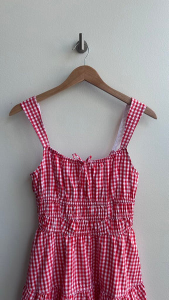Pre-Owned Sunday Best 'Otto' Gingham White/Poppy Red Tiered Sleeveless Mini Dress (NWT)- Size Medium