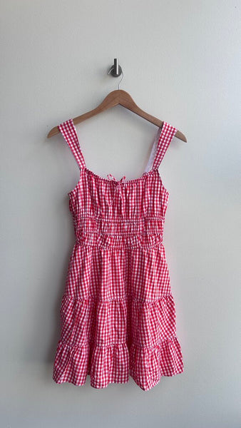 Pre-Owned Sunday Best 'Otto' Gingham White/Poppy Red Tiered Sleeveless Mini Dress (NWT)- Size Medium