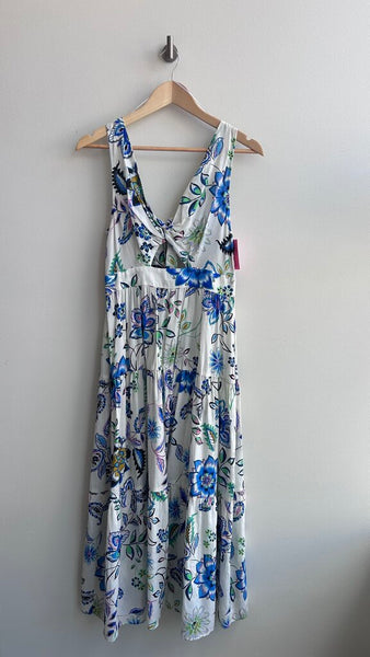 Pre-Owned Zara White with Blue/Multi Floral Tie Back Keyhole Dress (NWT)- Size Medium