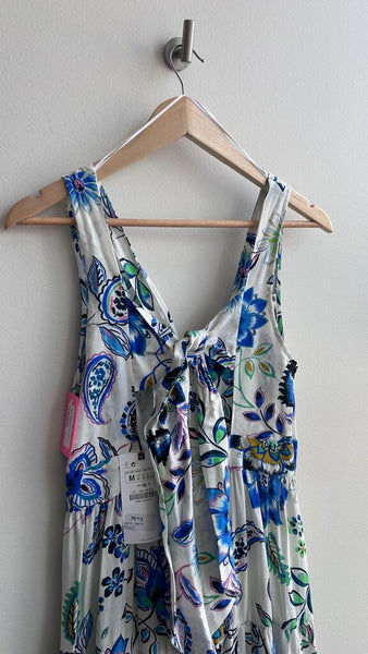 Pre-Owned Zara White with Blue/Multi Floral Tie Back Keyhole Dress (NWT)- Size Medium