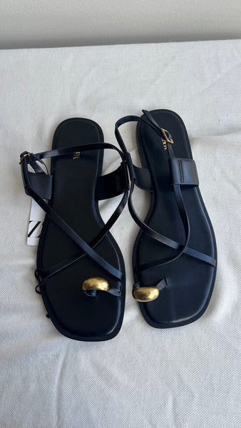 Pre-Owned Zara Black Toe Gold Charm Cross Top Ankle Sandal- Size 40