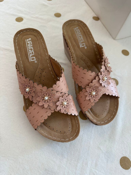 Pre-Owned Vangelo Brown/Pink Floral and Pearl Straps Chunky Heel Sandal- Size 38