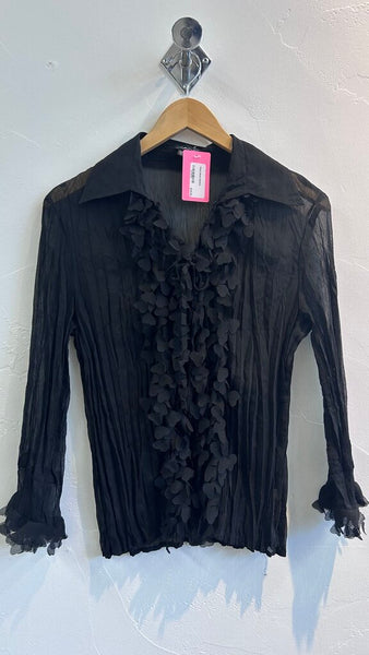 Pre-Owned Piano Black Accordian Heart Ruffle Collared Blouse- Size Medium