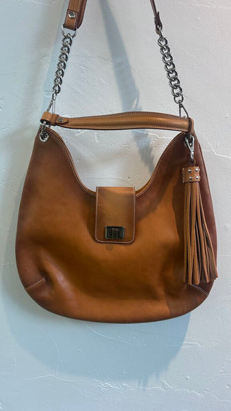Pre-Owned Cavalcanti Camel Genuine Leather Made in Italy Red Lined Crossbody and Short Handel With Tassel Decal Purse