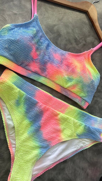 Pre-Owned Cupshe Blue/Multi Tie Dye Texture Two Piece Swim Suit (NWT)- Size Large