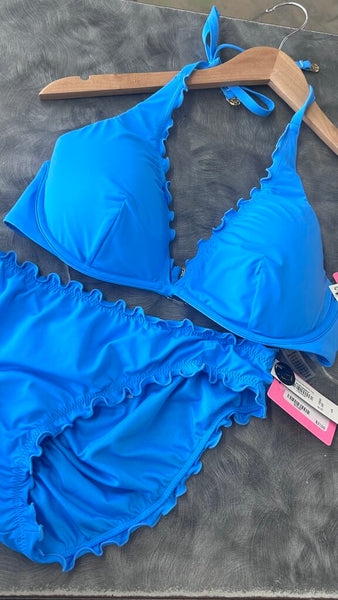 Pre-Owned Victoria's Secret Blue Lettuce Trim Wire Swim Top (NWT)- Size 36C