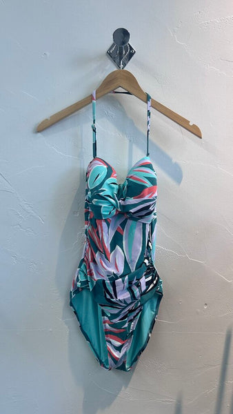 Pre-Owned Anne Cole Teal Multi Leaf Print One Piece Bathing Suit (NWT)- Size 10