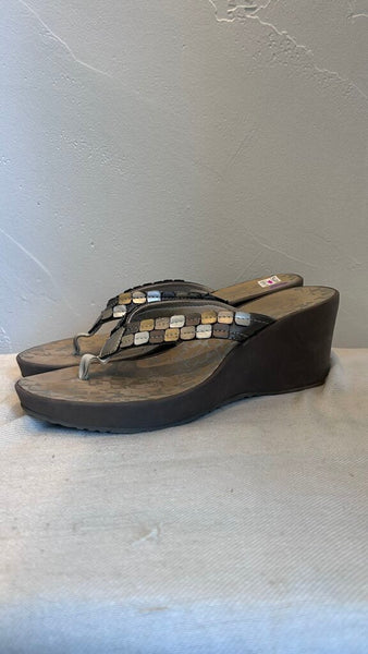 Clarks Brown w/Gold/Silver/Beige Details Foam Heeled Sandals - Size 8
