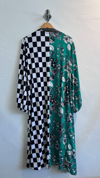 Pre-Owned Green Floral and Checkered Split Kimono - Size Large (Estimated)