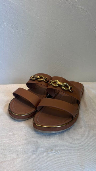 Pre-Owned Aldo Cognac Gold Buckle Double Strap Sandal - Size 8