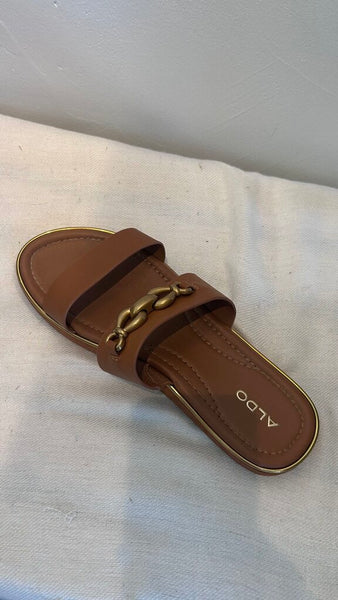 Pre-Owned Aldo Cognac Gold Buckle Double Strap Sandal - Size 8