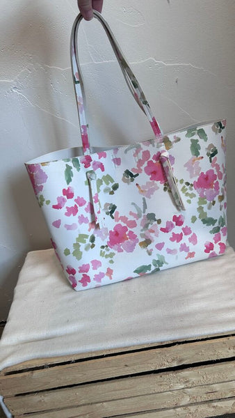 Pre-Owned Indigo White with Pink Floral Double Strap Tote Handbag