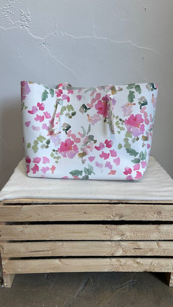 Pre-Owned Indigo White with Pink Floral Double Strap Tote Handbag