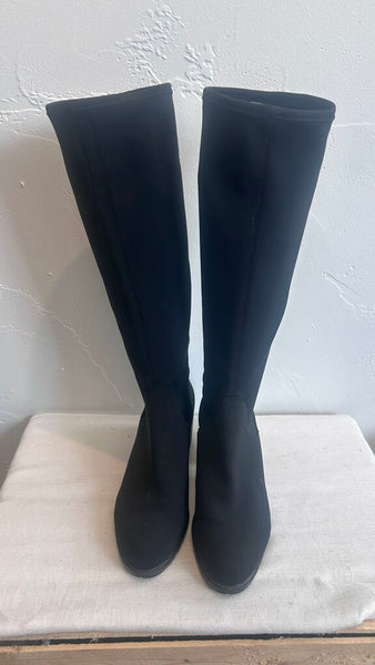 Pre-Owned Donald J Pilner Black Pointed Toe Stretchy Knee-High Heeled Boot - Size 8