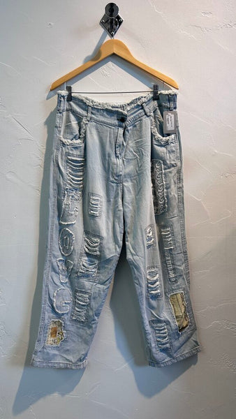 Pre-Owned Paper Lace Light Wash 'Love' Patchwork Jeans - Size Large