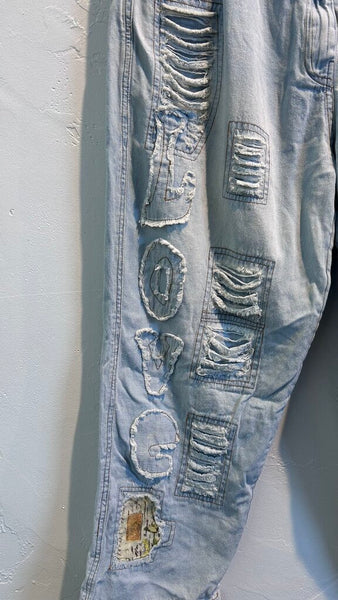 Pre-Owned Paper Lace Light Wash 'Love' Patchwork Jeans - Size Large