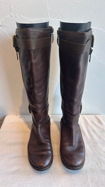 Pre-Owned Guess Brown Leather Calf High Side Zip Boot- Size 7.5