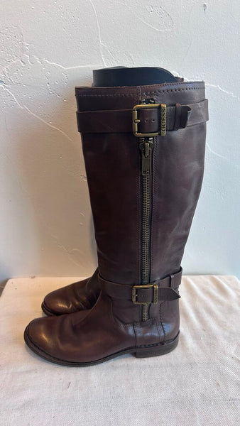 Pre-Owned Guess Brown Leather Calf High Side Zip Boot- Size 7.5